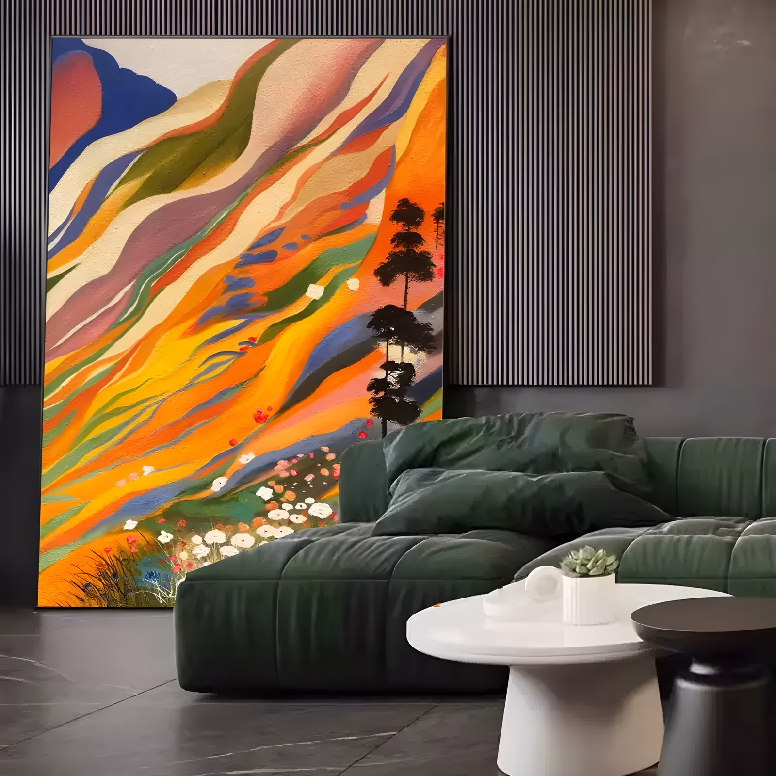 a large vertical abstract landscape painting of a hillside built from diagonal ribbons of orange, yellow, green, blue and cream, with black pine silhouettes on the right and white wildflowers along the lower edge