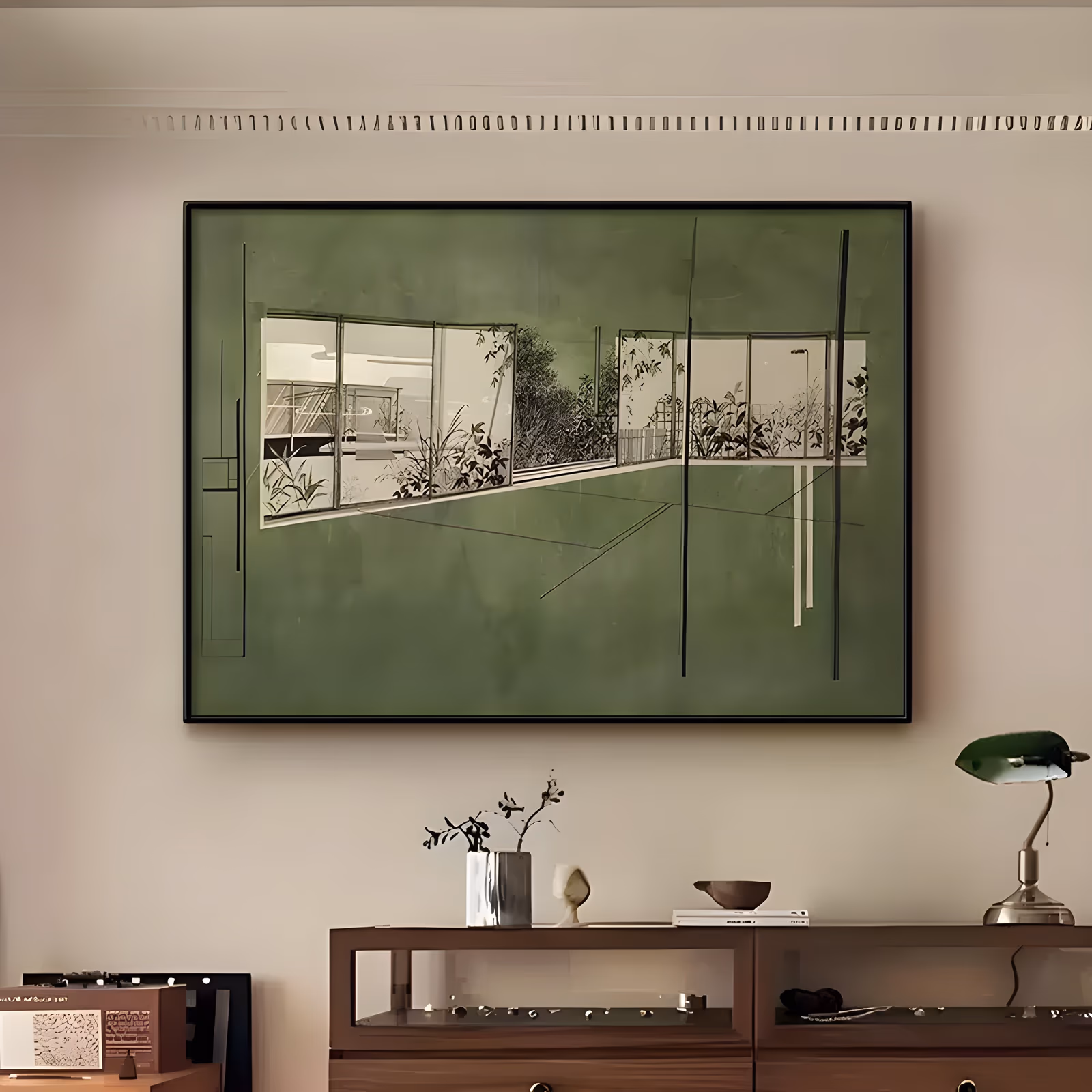 a large horizontal minimalist painting of a modernist glass pavilion drawn in fine black line, its windows opening onto garden foliage, set on a flat olive green ground with thin vertical bars, in matte acrylic