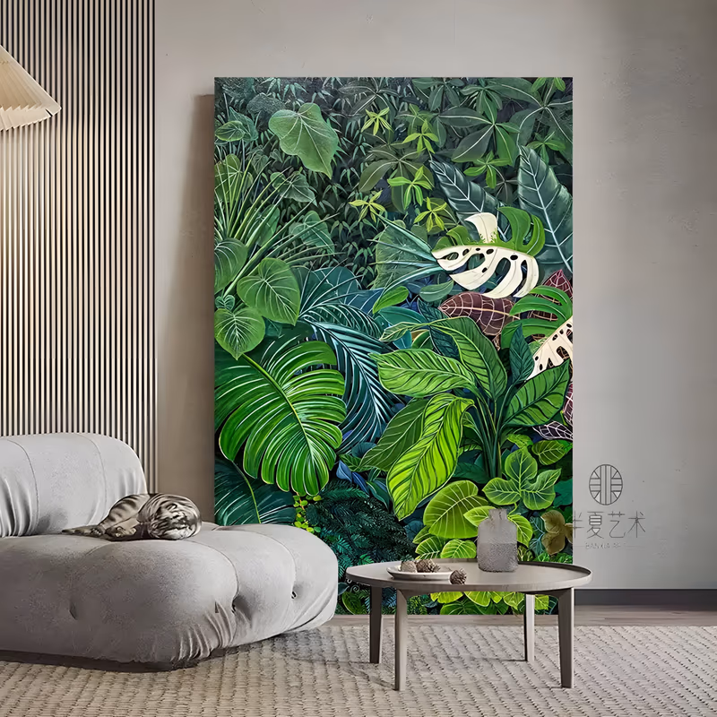 a large vertical realist painting of dense tropical jungle foliage, overlapping monstera, calathea and palm leaves in deep green, lime and cream filling the whole frame, in smooth hand-painted acrylic