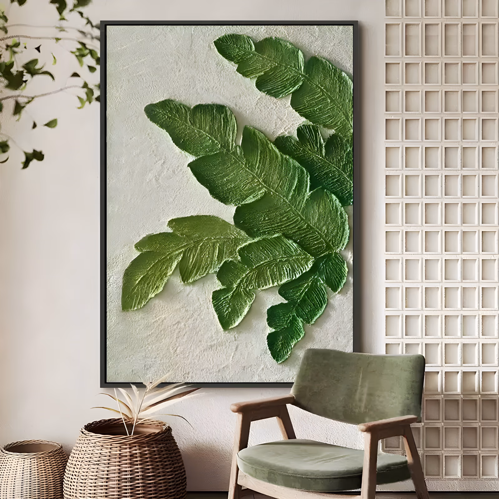 a large vertical plaster relief painting of three sculpted fern fronds spreading from the right edge toward the center, deep to yellow-green leaves raised above a rough cream ground