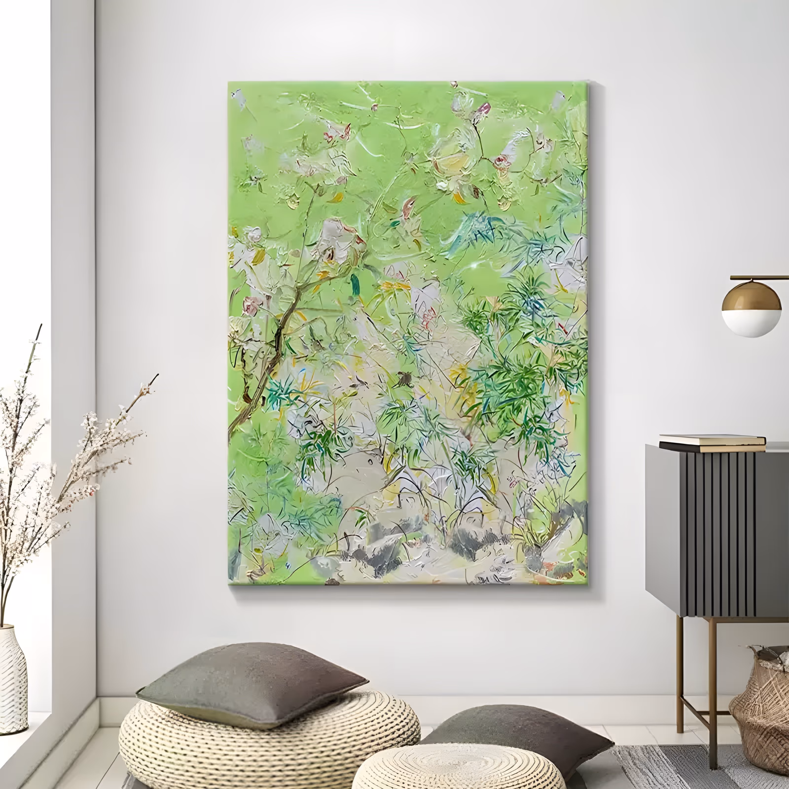 a large vertical impressionist painting of loose white blossoms and green bamboo leaves scattered on a bright lime green ground, with a thin brown branch at the left, in thick knife-laid acrylic
