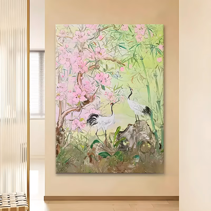 a large vertical impressionist painting of two red-crowned cranes standing among pink peach blossom branches and green bamboo on a pale green ground, worked in thick palette-knife impasto