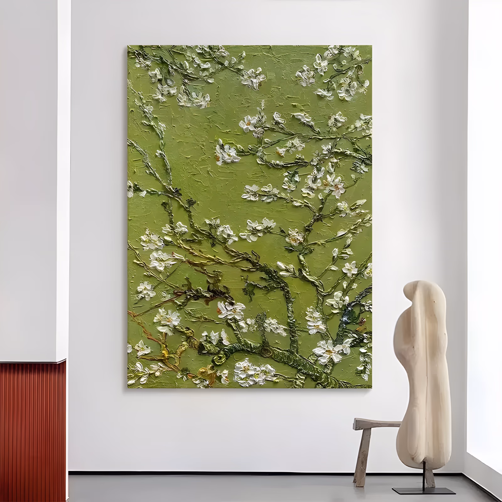 a tall vertical impasto floral painting of white blossoms opening along thick raised branches that spread over a flat olive green ground, each petal laid on in heavy hand-worked paint