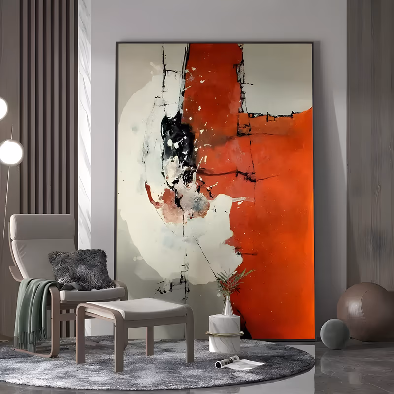 a large vertical abstract painting with a broad scarlet and orange field on the right meeting a cream and gray ground on the left, split by black ink splatter and scratched grid lines, in thin brushed oil
