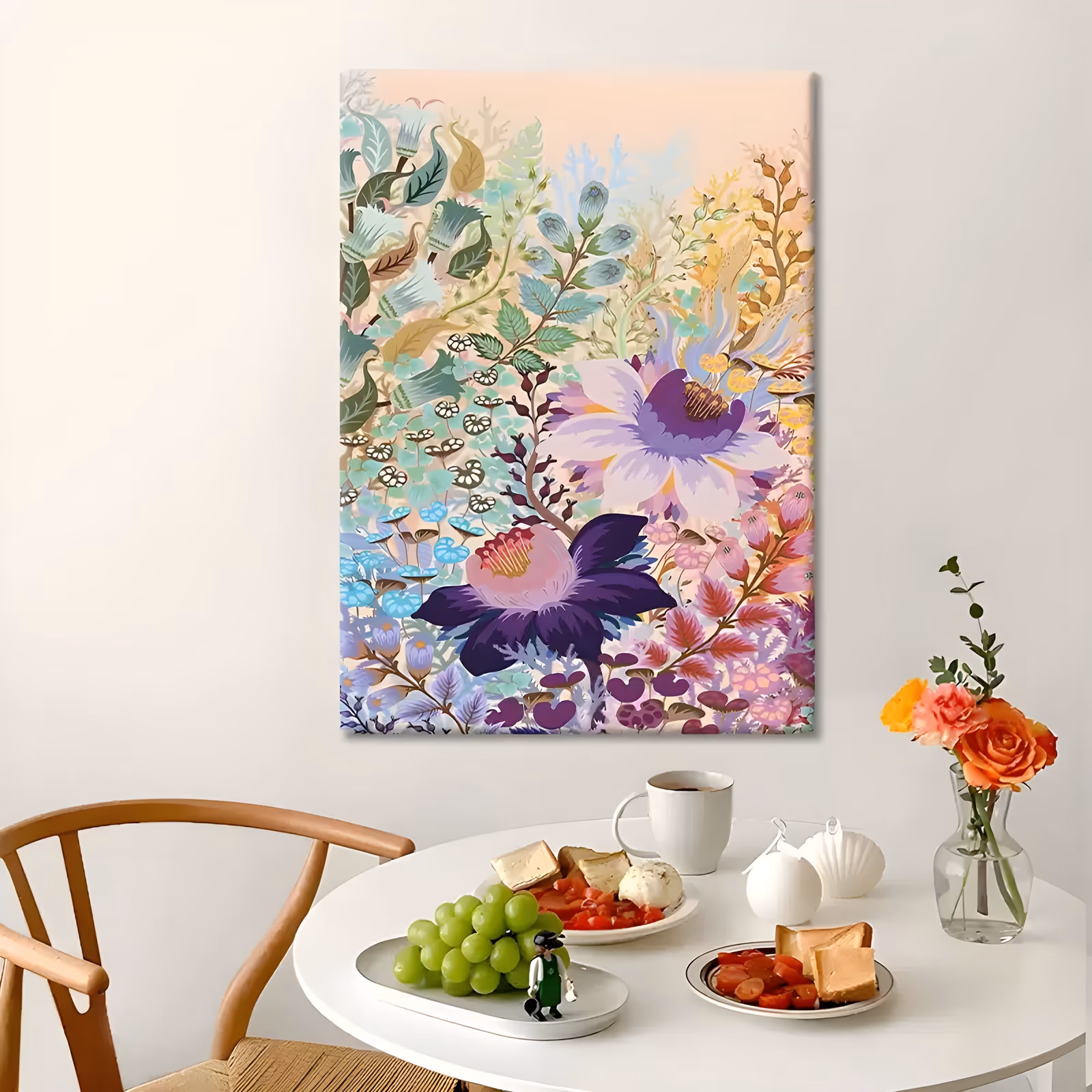 a large vertical decorative painting of a folk-style garden, big lilac and deep purple flowers opening at the center among sage and teal leaves, pink and coral sprigs below, on a soft peach ground in flat acrylic