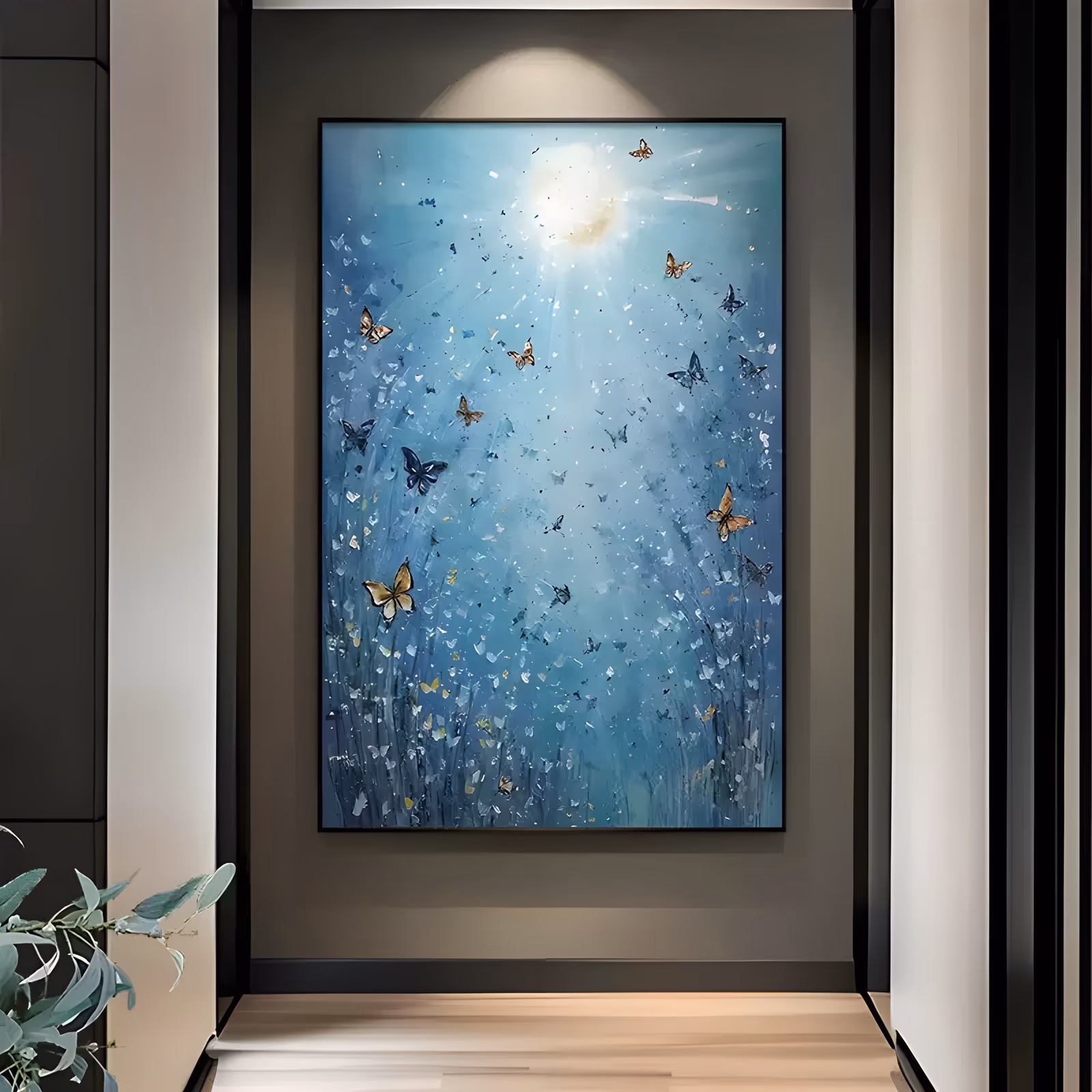 a large vertical impressionist canvas of a glowing blue meadow with a soft white sun near the top, orange, gold and navy butterflies drifting upward and white petal flecks in the grass, in textured acrylic