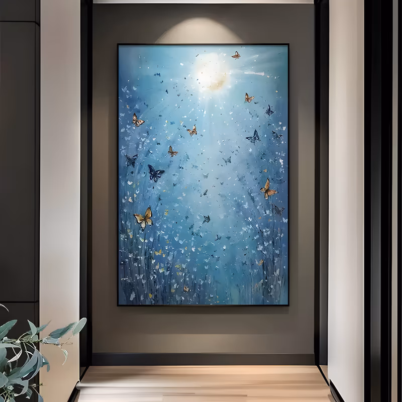 a large vertical impressionist canvas of a glowing blue meadow with a soft white sun near the top, orange, gold and navy butterflies drifting upward and white petal flecks in the grass, in textured acrylic