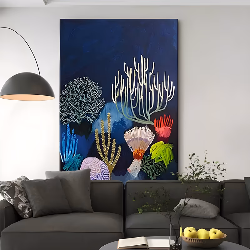 a large vertical underwater painting of branching white coral, a teal sea fan, lavender brain coral and a red anemone clustered in the lower half of a deep navy ground, in thick raised paint