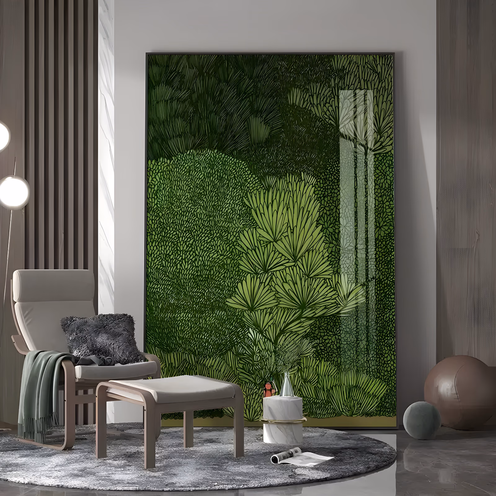 a tall vertical botanical painting of dense green foliage in fine line work, fan palm fronds and rounded shrub masses layered from dark forest green at the top down to bright lime near the base, in flat acrylic