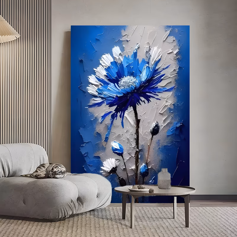 a large vertical impasto painting of a single cobalt blue cornflower with white outer petals opening at the upper center, three buds and a slim stem below, on a gray and deep blue knife-worked ground