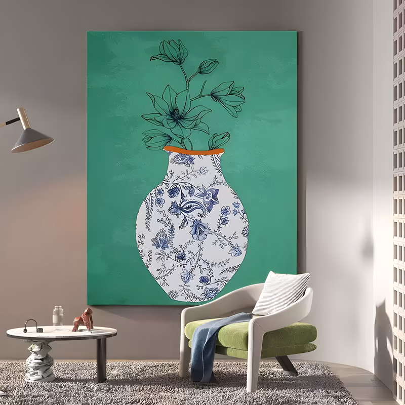 a large vertical still life painting of a blue-and-white floral porcelain vase with an orange rim, holding a magnolia branch drawn in fine black line, on a flat emerald green ground in matte acrylic