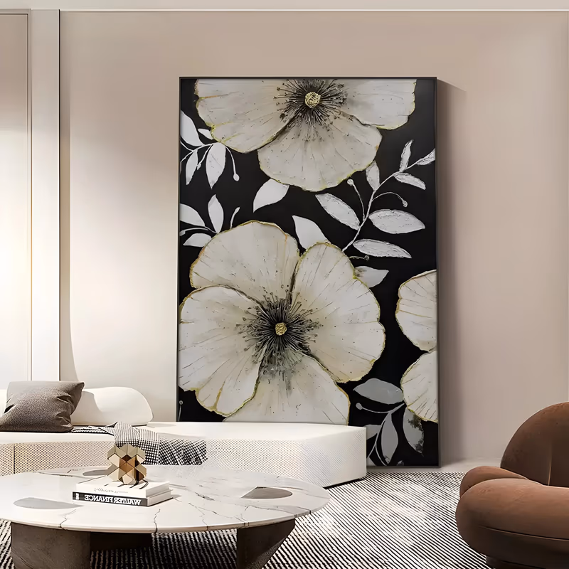 a tall vertical relief painting of two large white anemone blooms on a matte black ground, their gold-edged petals and dark bristling stamens built in raised plaster among pale silver-gray leaves