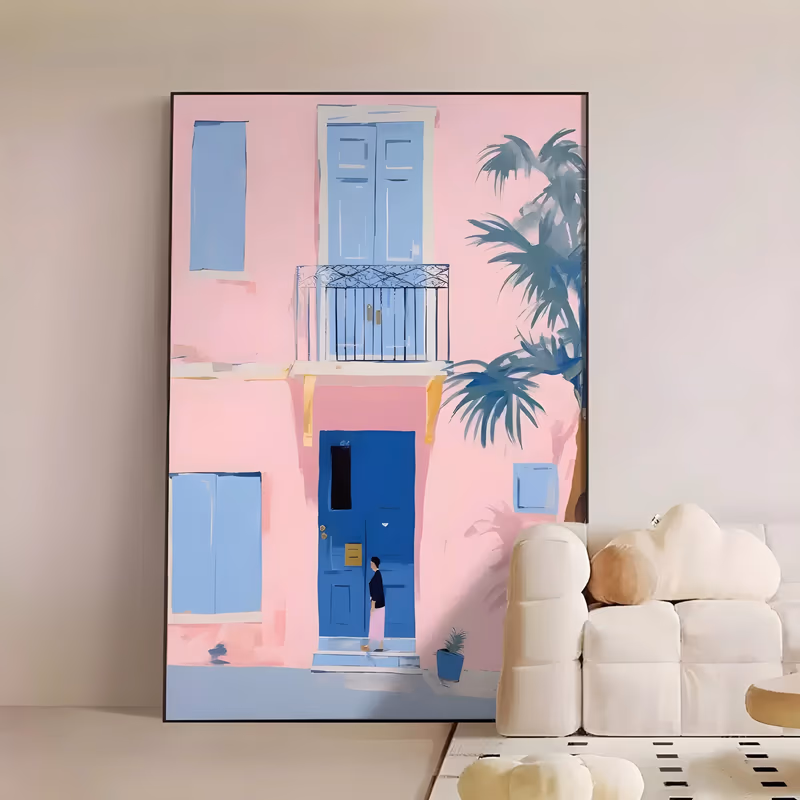 a large vertical illustrative painting of a pink stucco house facade with pale blue shutters, an iron balcony and a tall blue door, a palm casting shade at the right and a small figure stepping in, in flat matte paint