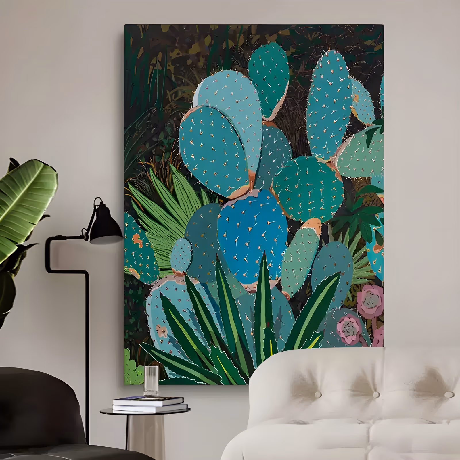 a large vertical flat-style botanical painting of overlapping teal and blue prickly pear cactus pads with a spiky green agave at the base and pink succulents at lower right, in smooth matte hand-painted acrylic
