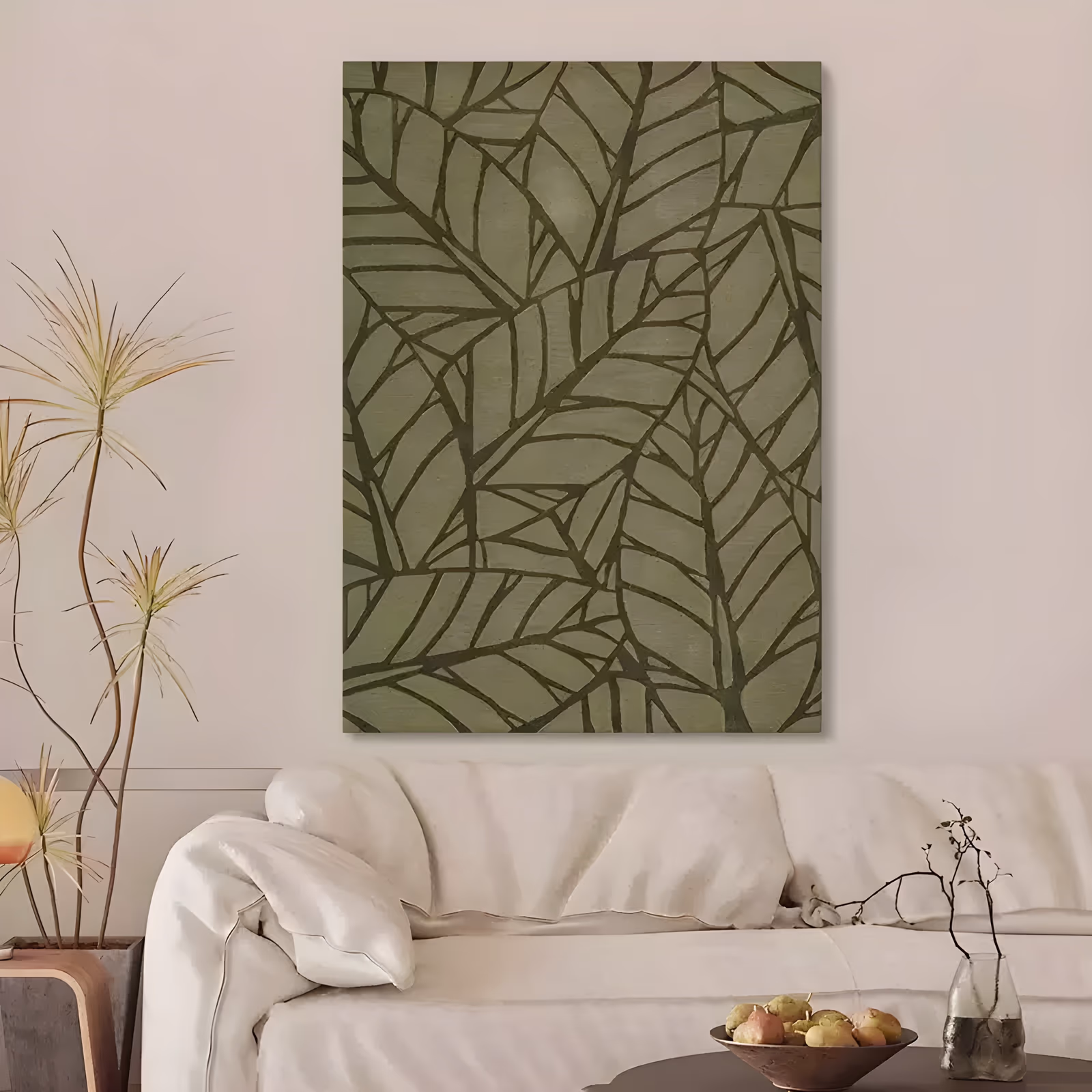 a large vertical botanical painting of overlapping palm-like leaves in sage and deep olive green, with darker veins running through every leaf and no visible background, in flat matte acrylic