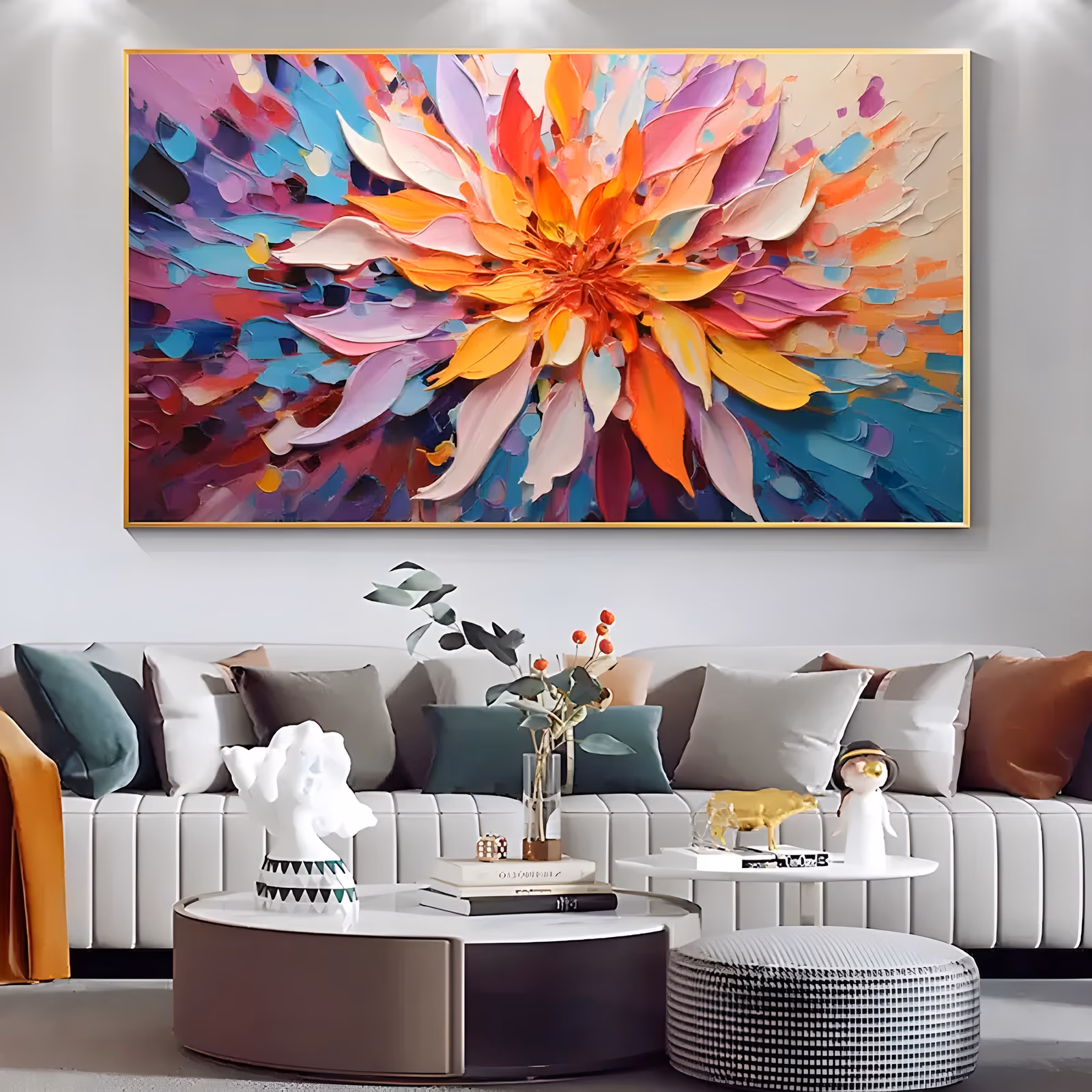 a wide horizontal palette-knife painting of one large dahlia with orange and coral petals at the center opening into pink, cream and yellow, over turquoise and violet dabs, in thick ridged strokes of oil