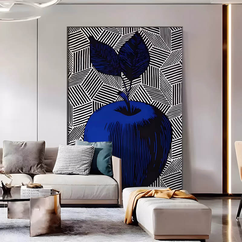 a large vertical pop art painting of a single cobalt blue apple with two dark blue leaves in the lower center of the frame, set on a background of black and white hatched stripes, in flat matte acrylic