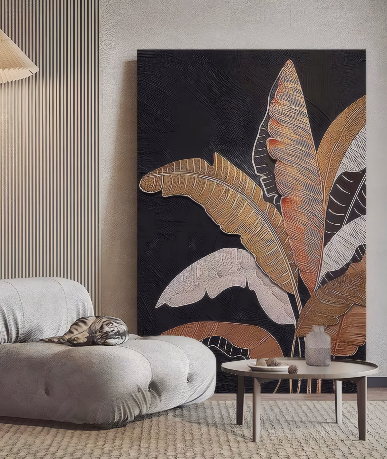 a large vertical relief painting of six banana palm leaves rising from the lower right in bronze, copper, gold and chalk white, their ribbed veins carved in raised plaster on a black textured ground