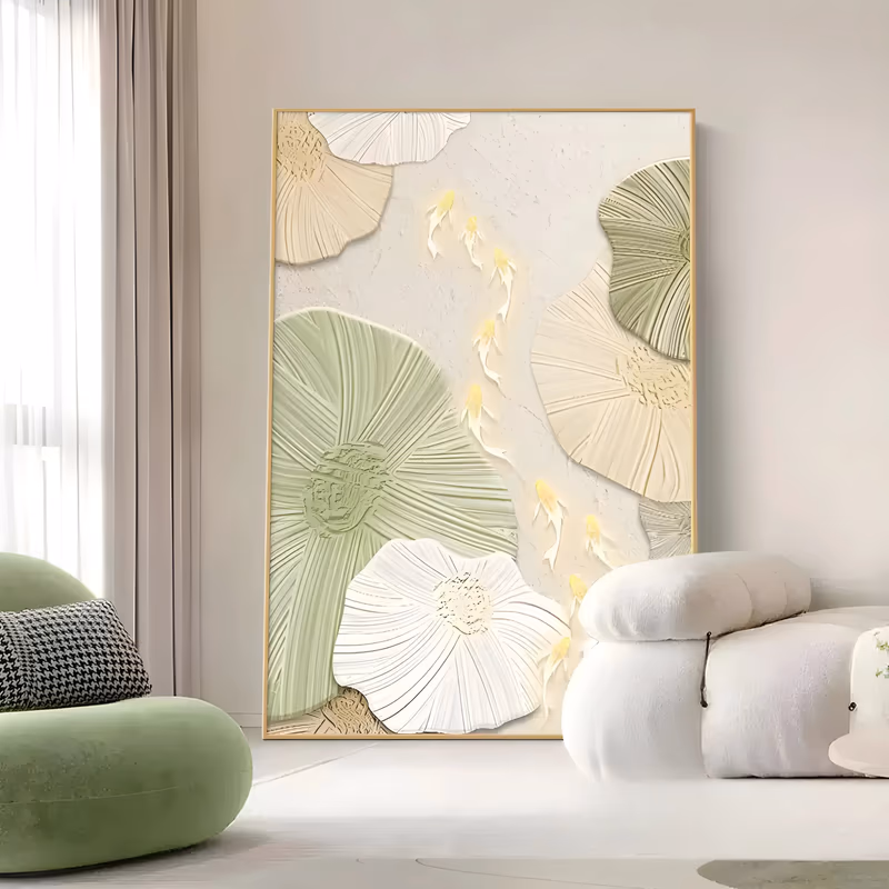 a large vertical sculpted relief painting of overlapping lotus pads in sage green, cream and white, with a line of small gold koi swimming down a pale channel between them, in smooth raised plaster
