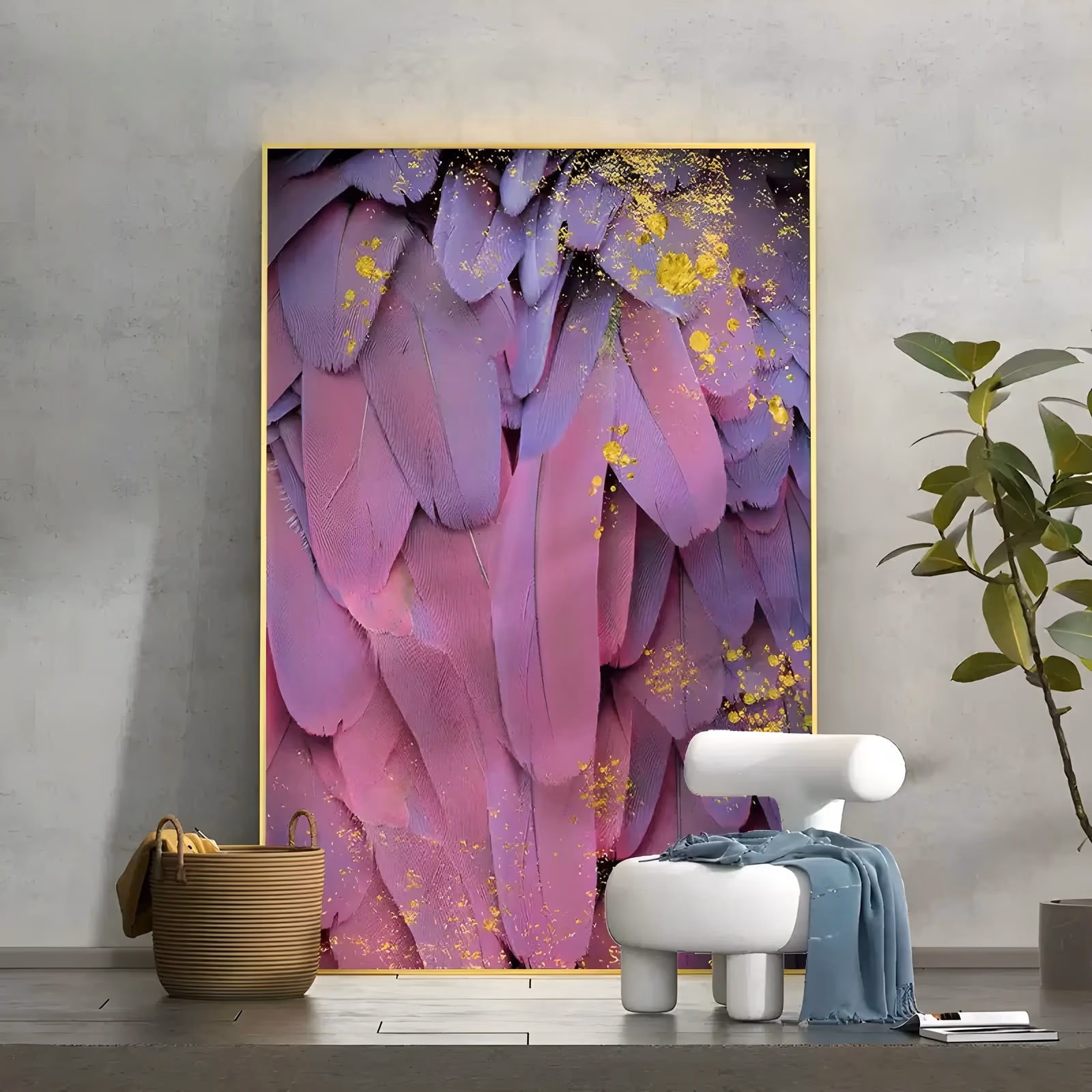 a large vertical hyperrealist painting of overlapping magenta and violet macaw feathers layered from the top of the frame down over a black ground, scattered with gold leaf flecks, in smooth hand-painted acrylic