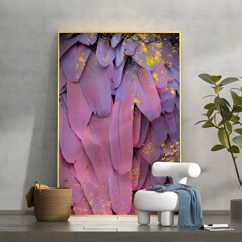 a large vertical hyperrealist painting of overlapping magenta and violet macaw feathers layered from the top of the frame down over a black ground, scattered with gold leaf flecks, in smooth hand-painted acrylic