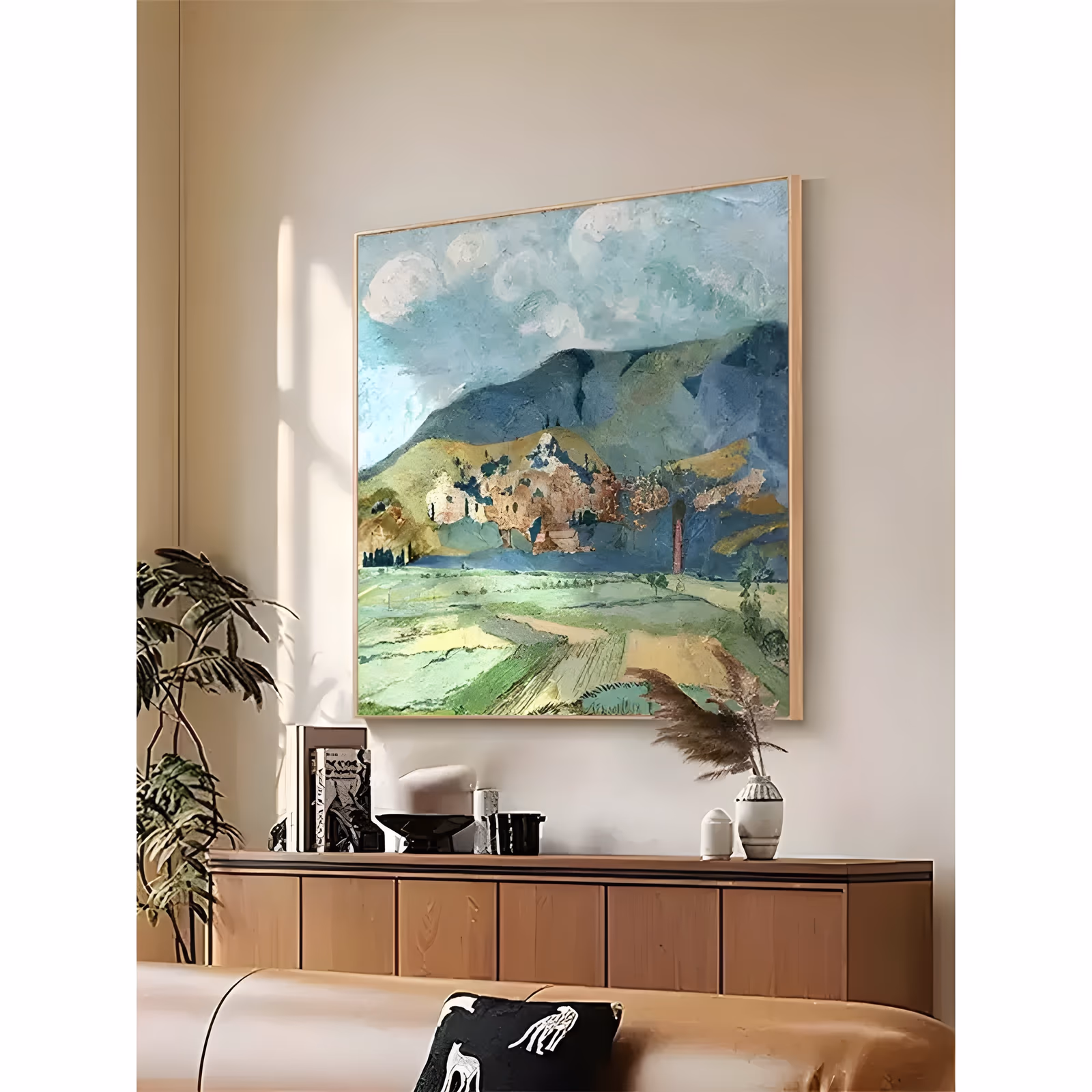 a large square post-impressionist painting of an ochre stone village on a green hillside, with a blue-gray mountain ridge behind it, patchwork fields in front and white clouds above, in soft brushed oil