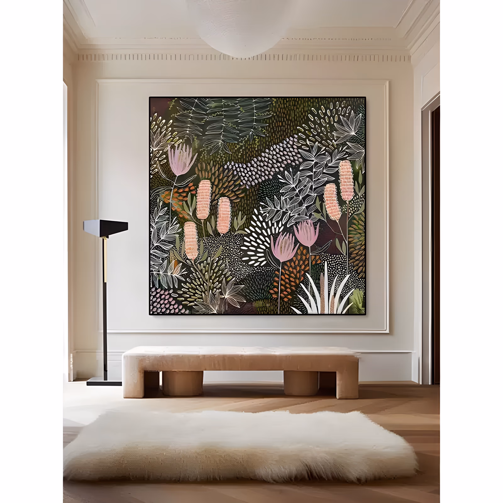 a large square botanical painting of a dense night garden, with pink banksia cones and thistle heads among white line-drawn leaves and olive seed pods on a dark green ground, in flat matte acrylic