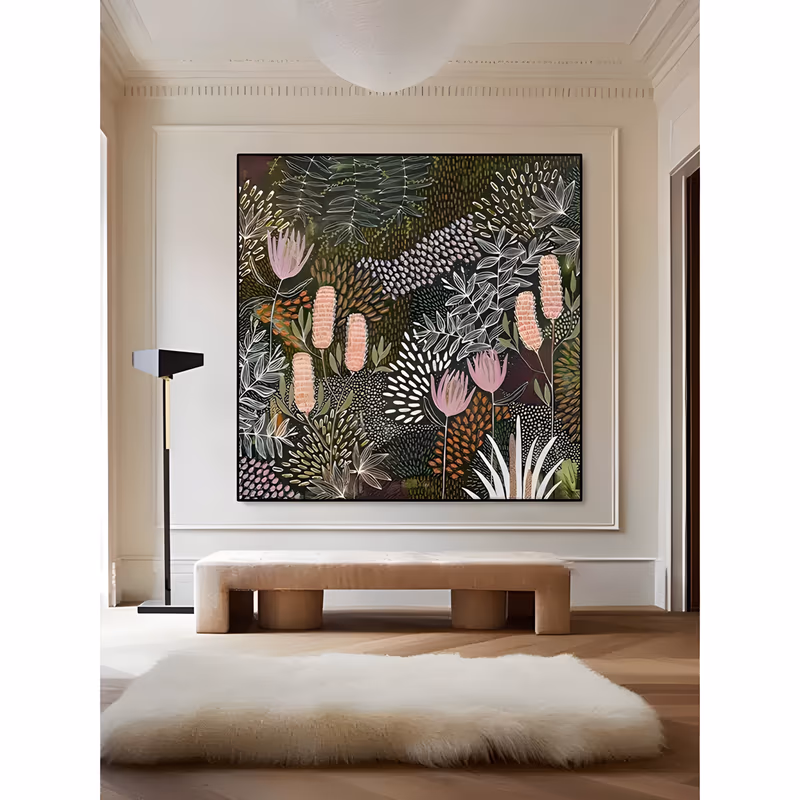 a large square botanical painting of a dense night garden, with pink banksia cones and thistle heads among white line-drawn leaves and olive seed pods on a dark green ground, in flat matte acrylic