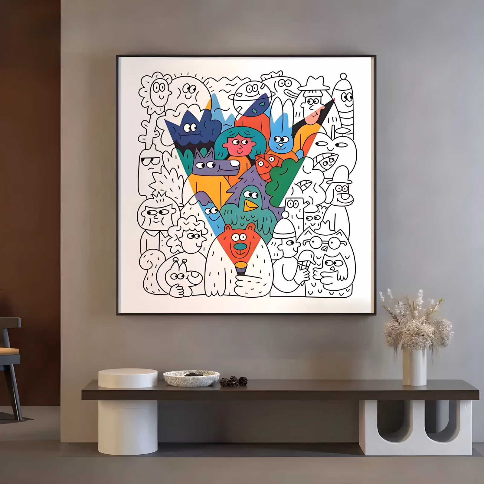 a large square line-drawn painting of a dense crowd of cartoon animals and faces outlined in black on white, with a central v-shaped wedge of figures filled in red, blue, green and orange, in flat acrylic