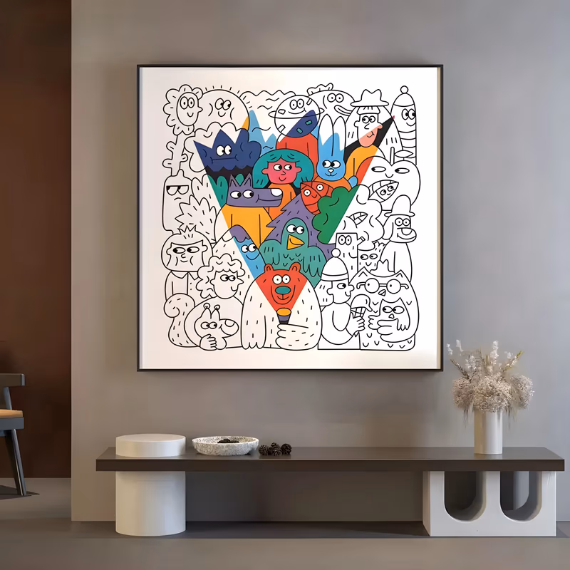 a large square line-drawn painting of a dense crowd of cartoon animals and faces outlined in black on white, with a central v-shaped wedge of figures filled in red, blue, green and orange, in flat acrylic