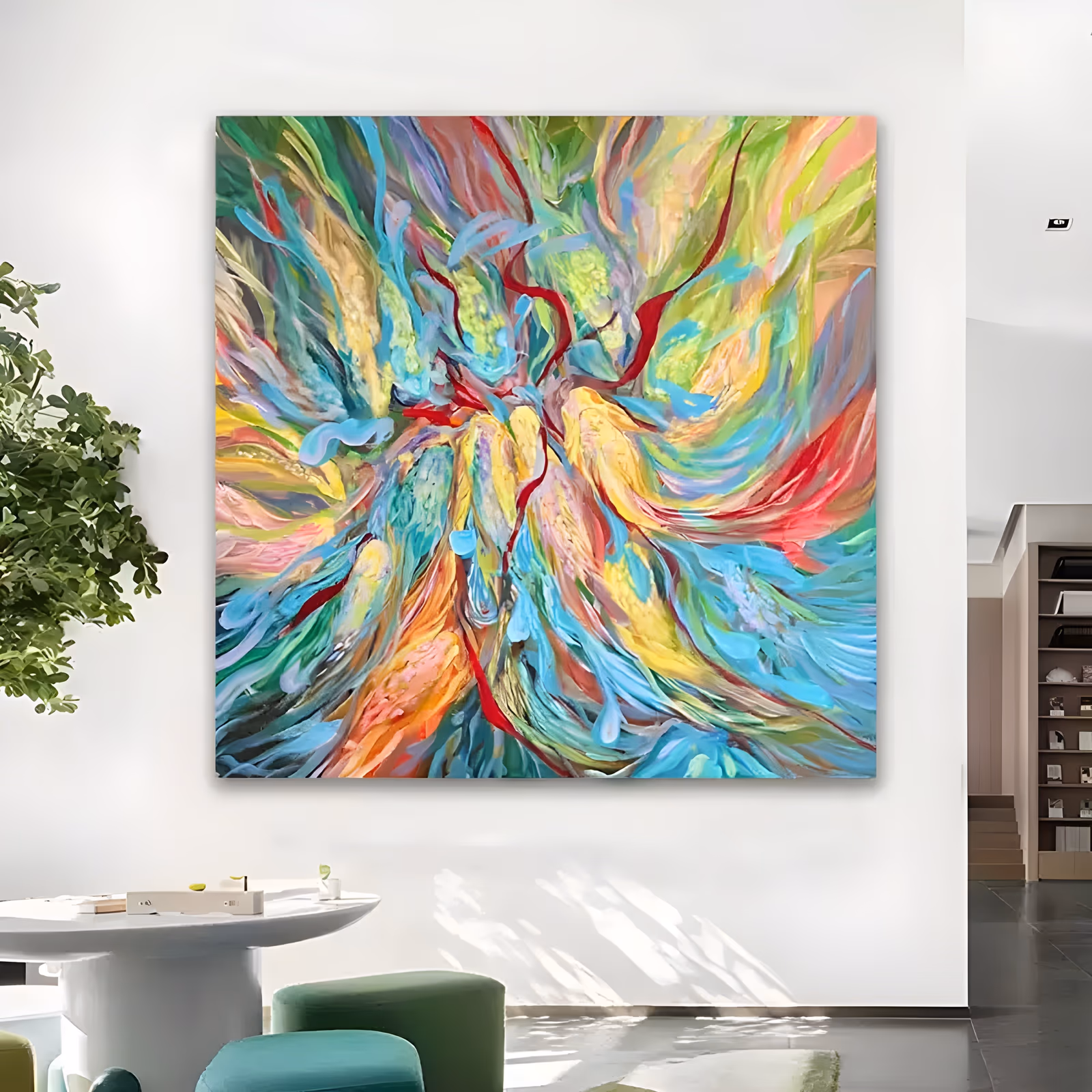 a large square abstract painting of feathery strokes radiating from the center in turquoise, lime green, yellow, coral and pink, with thin red lines curling through them in thick wet oil