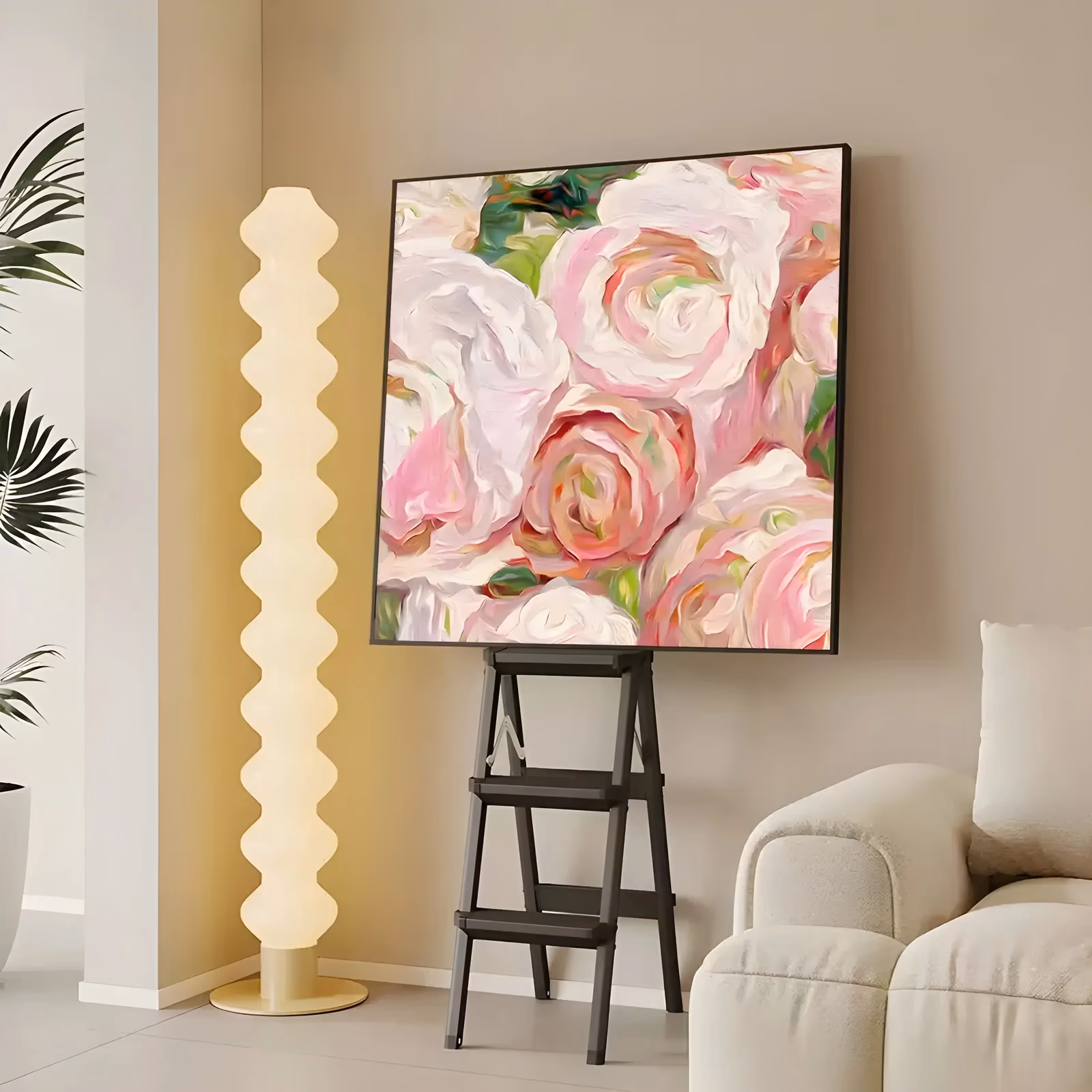 a large square impressionist painting of soft pink and cream roses seen close up, their petals curling in wide swirling strokes with small green leaves showing between them, in thick glossy oil paint