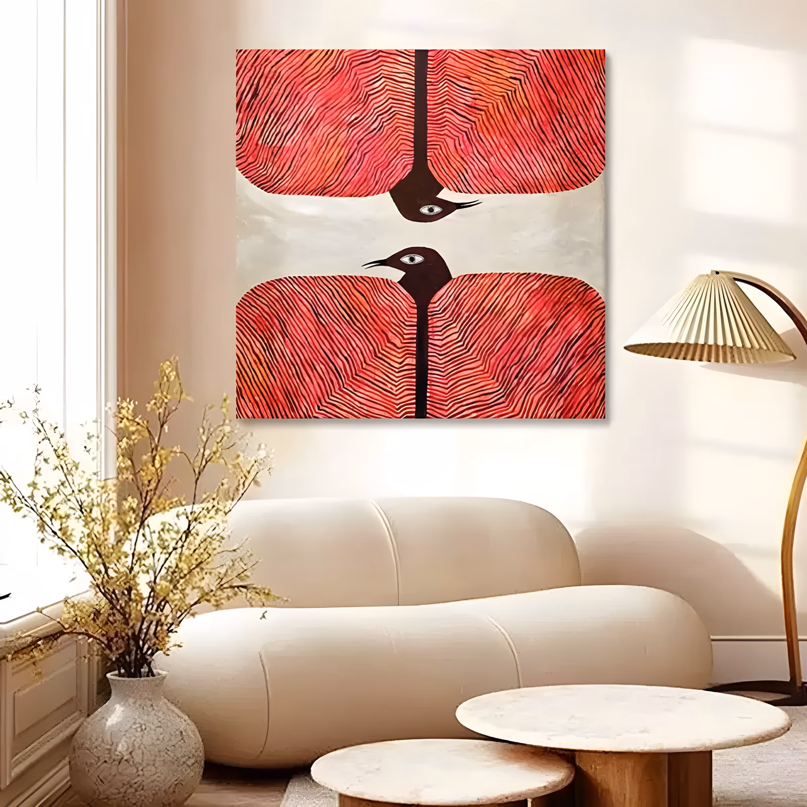 a large square folk-style painting of two dark stylized birds mirrored top and bottom, each with wide fanned wings drawn in fine red, coral and black lines, on a soft cream ground, in flat hand-painted acrylic