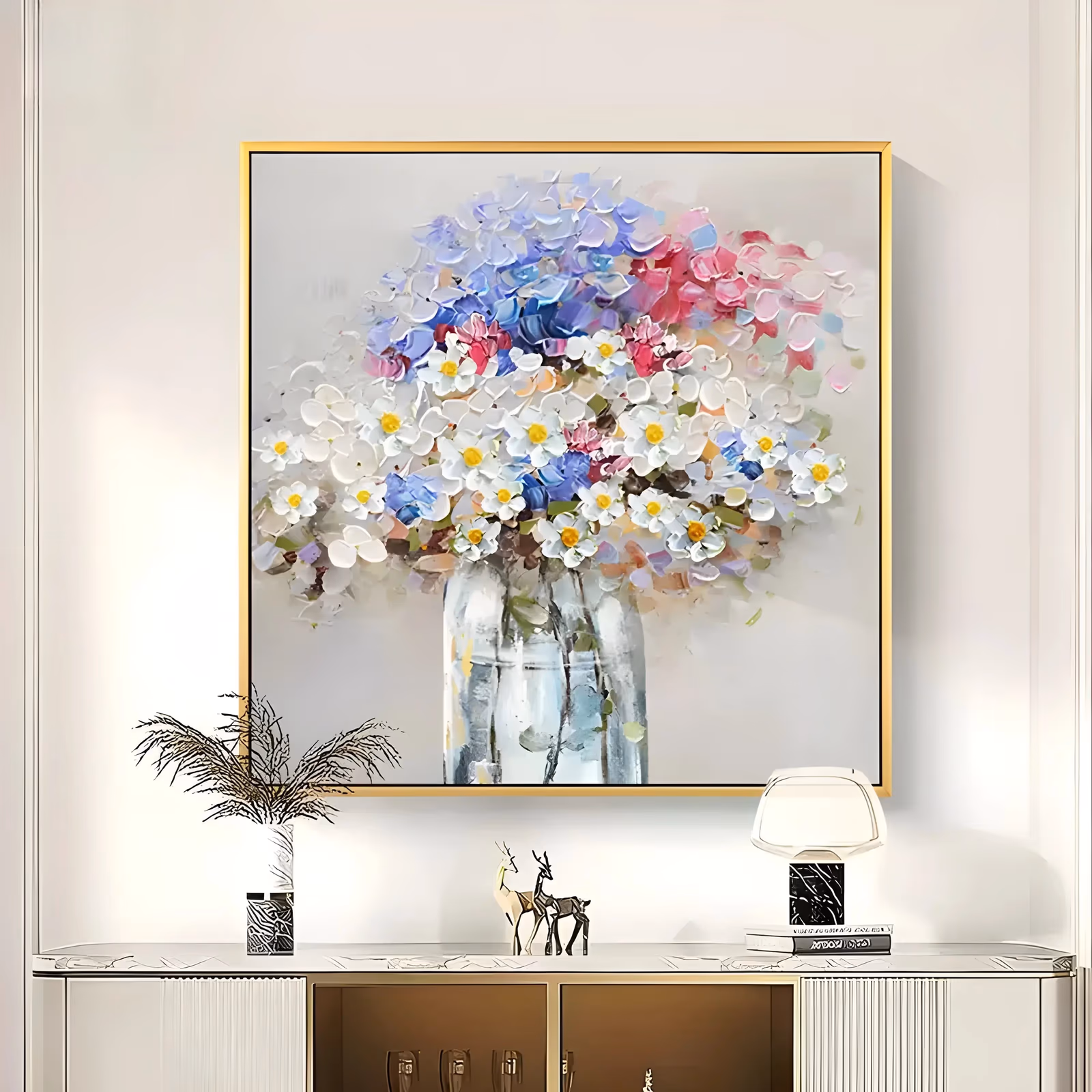 a large square impasto painting of a full bouquet of white daisies with yellow centers, blue and lavender hydrangea and pink blooms massed above a clear glass vase on a pale gray ground