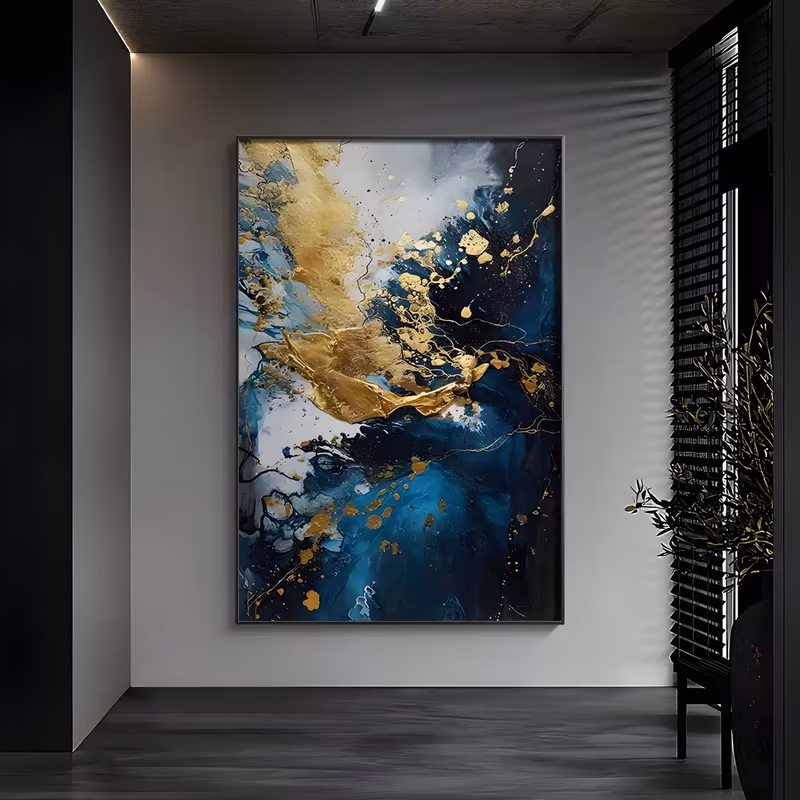a large vertical fluid abstract painting of deep teal and navy pools veined with black, with broad gold foil pours and gold splatter in the upper half and white breaks at the left edge, in poured acrylic