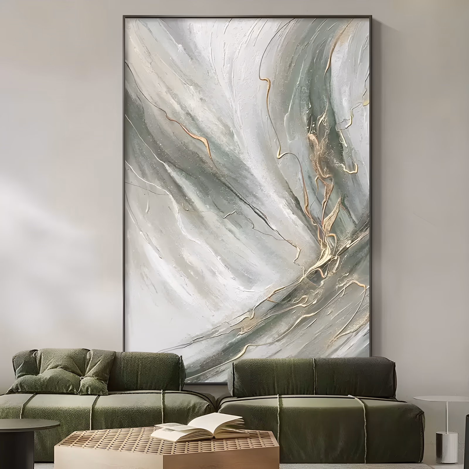a large vertical abstract painting of soft sage green, gray and cream bands sweeping like veined marble, crossed on the right by thin metallic gold crack lines, in thick brushed impasto