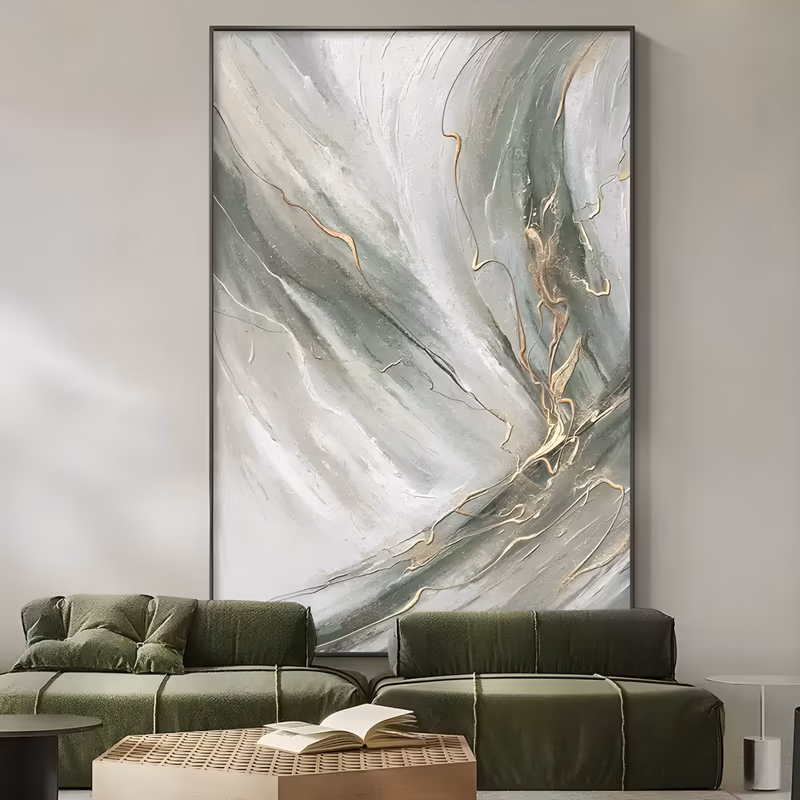 a large vertical abstract painting of soft sage green, gray and cream bands sweeping like veined marble, crossed on the right by thin metallic gold crack lines, in thick brushed impasto
