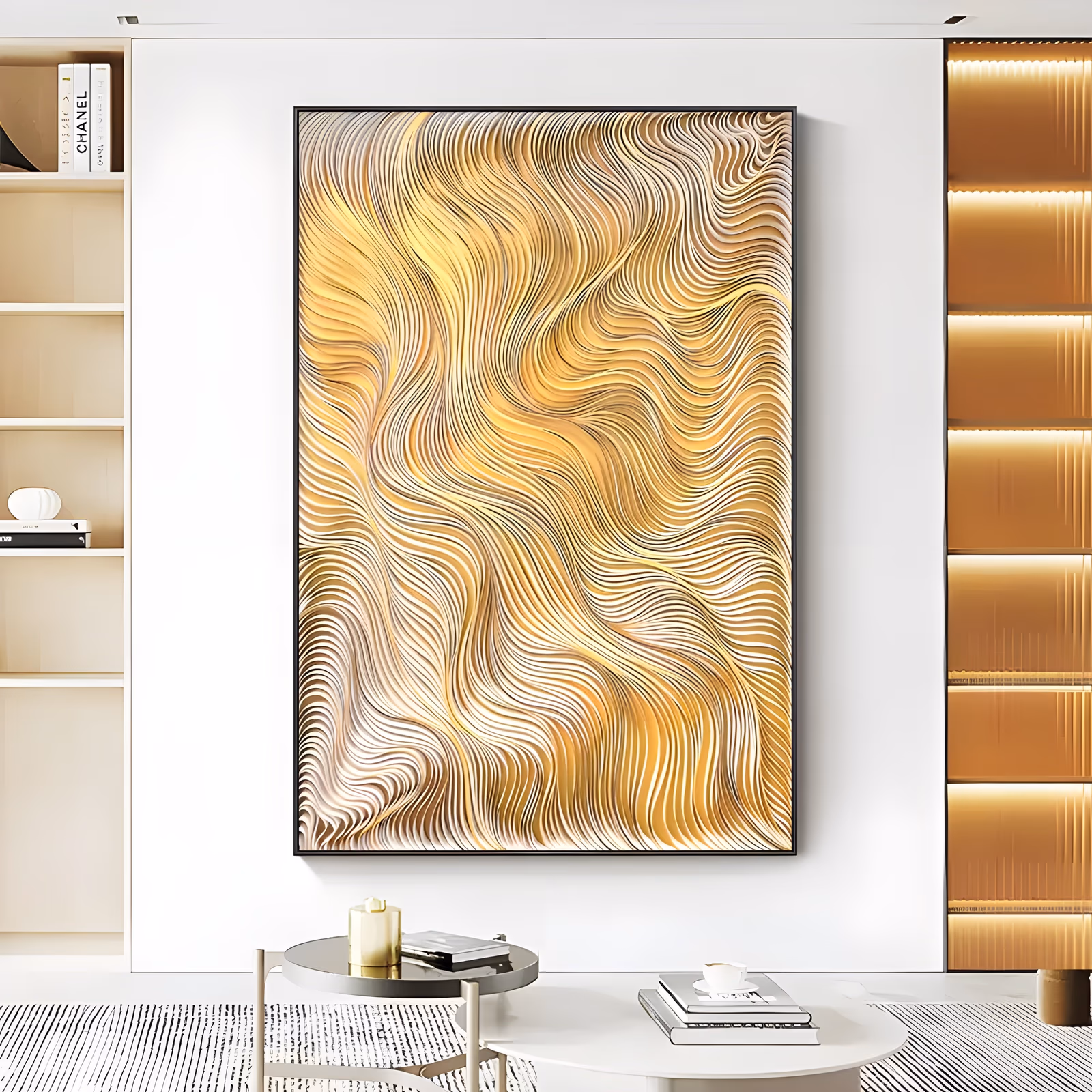 a large vertical textured abstract painting of dense rippling ridge lines in gold, champagne and pale cream, curving in tight parallel waves over the whole surface, carved in raised 3D relief