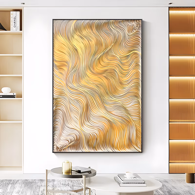 a large vertical textured abstract painting of dense rippling ridge lines in gold, champagne and pale cream, curving in tight parallel waves over the whole surface, carved in raised 3D relief