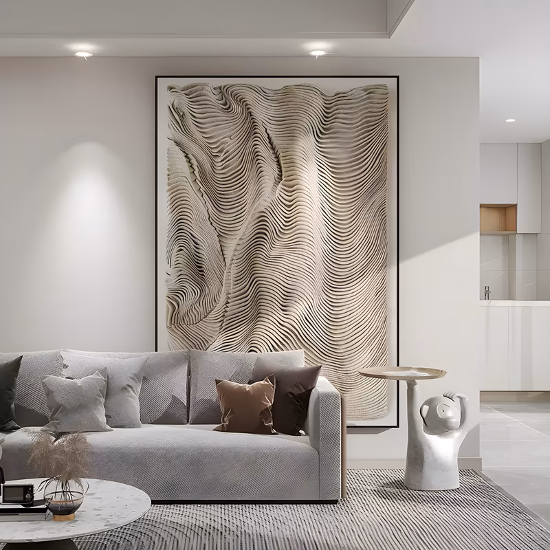 a large vertical relief painting of layered plaster ridges in warm beige, fine parallel contour lines flowing in wave and dune formations from top to bottom, with shadow between each ridge, in sculpted plaster