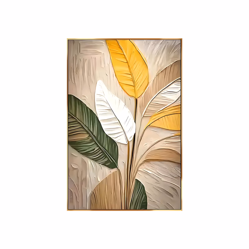 a large vertical relief painting of banana leaves rising from one stem, a gold leaf and a white leaf at the center with a deep green leaf on the left and pale tan leaves behind, on a cream ground, in sculpted plaster