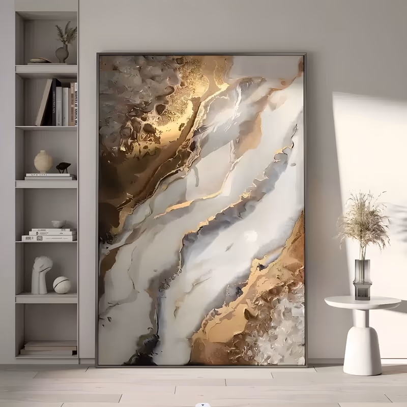a large vertical abstract painting of white and pale gray marble veining running diagonally, edged with rough gold, bronze and dark brown crusts along the upper left and lower right, in thick relief paint