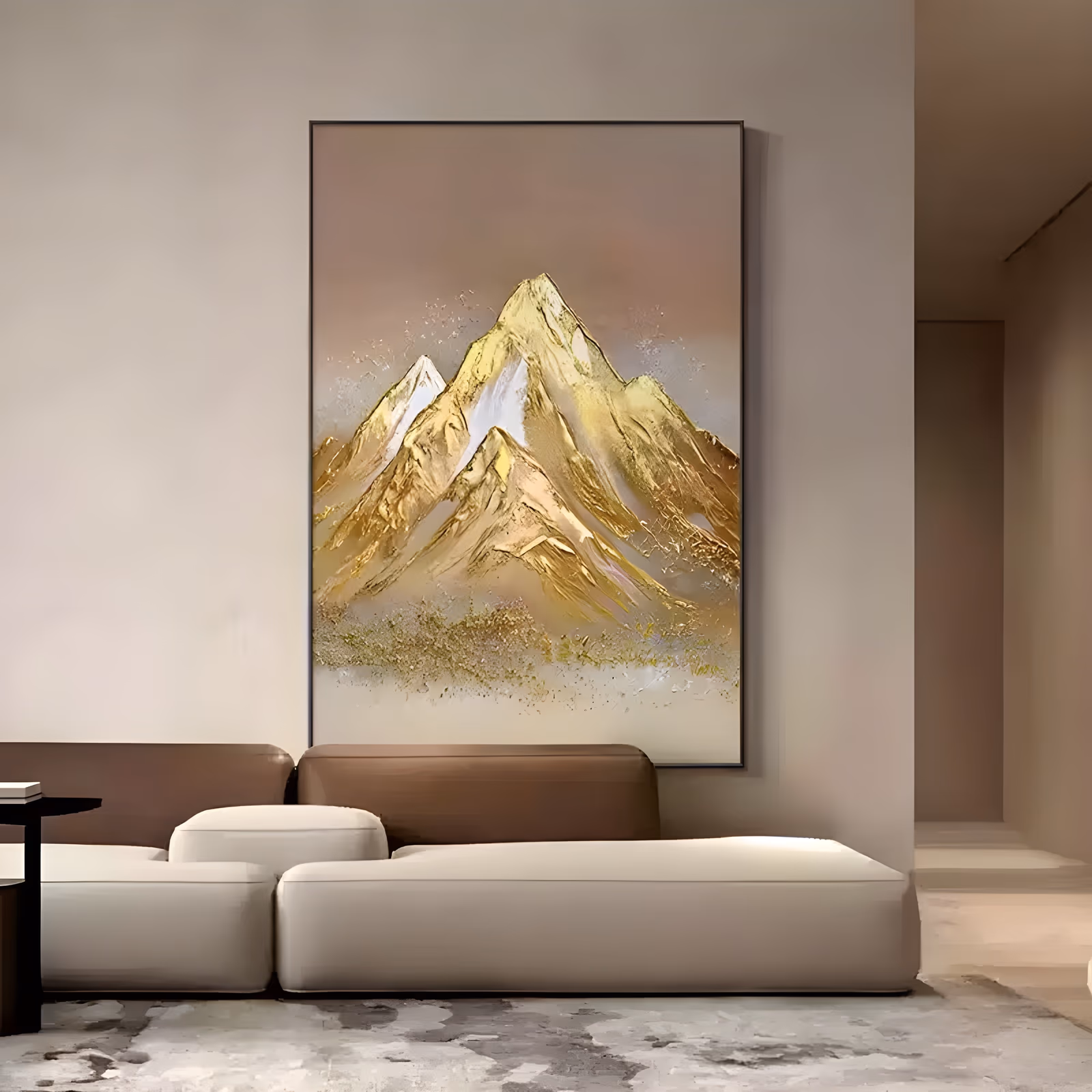 a large vertical textured landscape painting of gold leaf mountain peaks rising in the center against a soft beige sky, with white snow highlights and flecked gold at the base, in thick impasto
