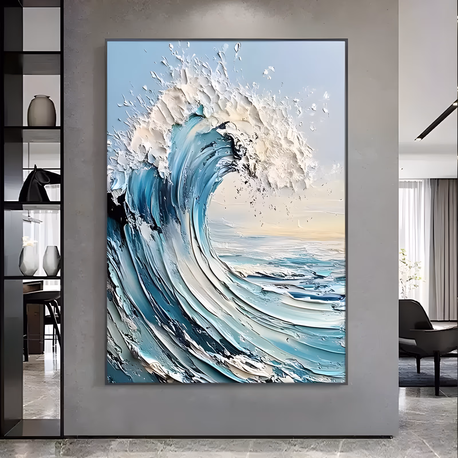 a large vertical textured seascape painting of a single ocean wave curling up from the lower left, its turquoise and blue face rising into a crest of thick white impasto foam under a pale sky