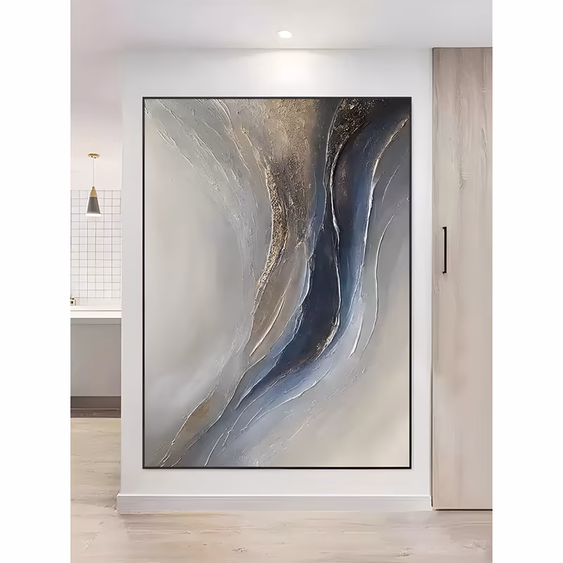 a large vertical abstract painting of a dark navy band flowing down the center of a pearl gray field, edged with rough gold and bronze, the surface swept into long knife strokes
