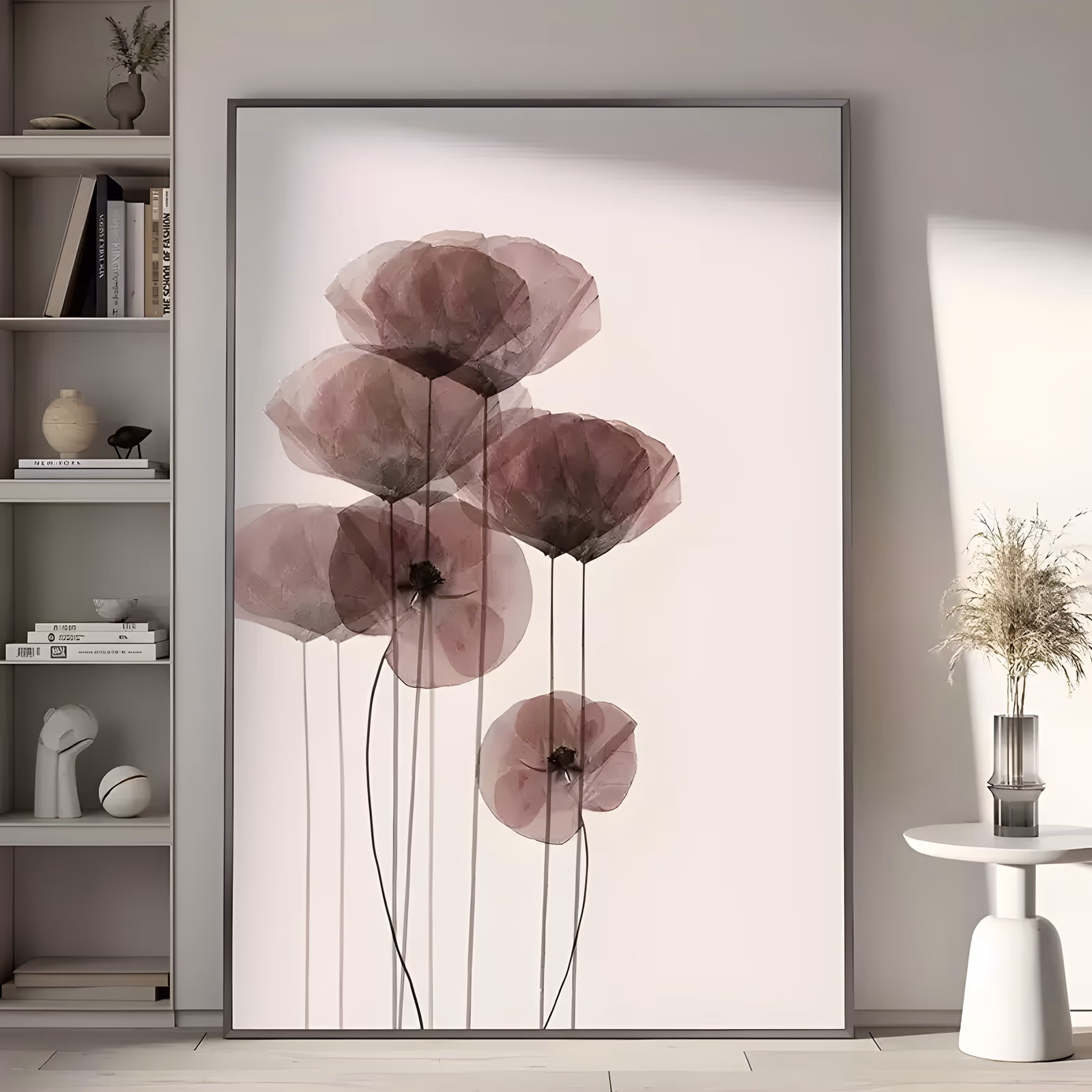 a large vertical minimalist painting of six translucent dusty pink poppies on long thin stems, the blooms overlapping at different heights on a pale blush ground, in soft washed acrylic