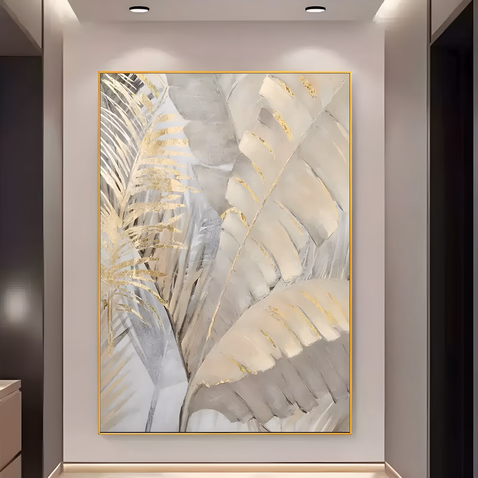a large vertical botanical painting of overlapping banana and palm leaves in cream, warm gray and white, their ribs and edges traced in gold leaf, the fronds fanning up from the lower left, in thick textured oil