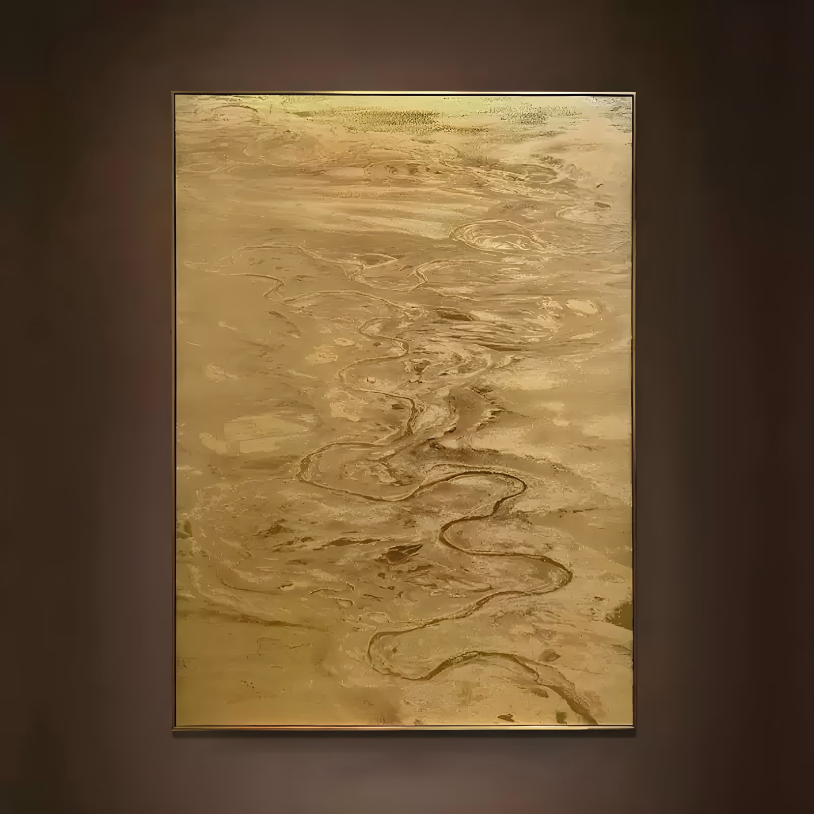 a large vertical abstract painting of a winding river channel cutting through a flat gold and ochre plain, seen from above, with pale sand-colored eddies at the edges, in thick textured acrylic
