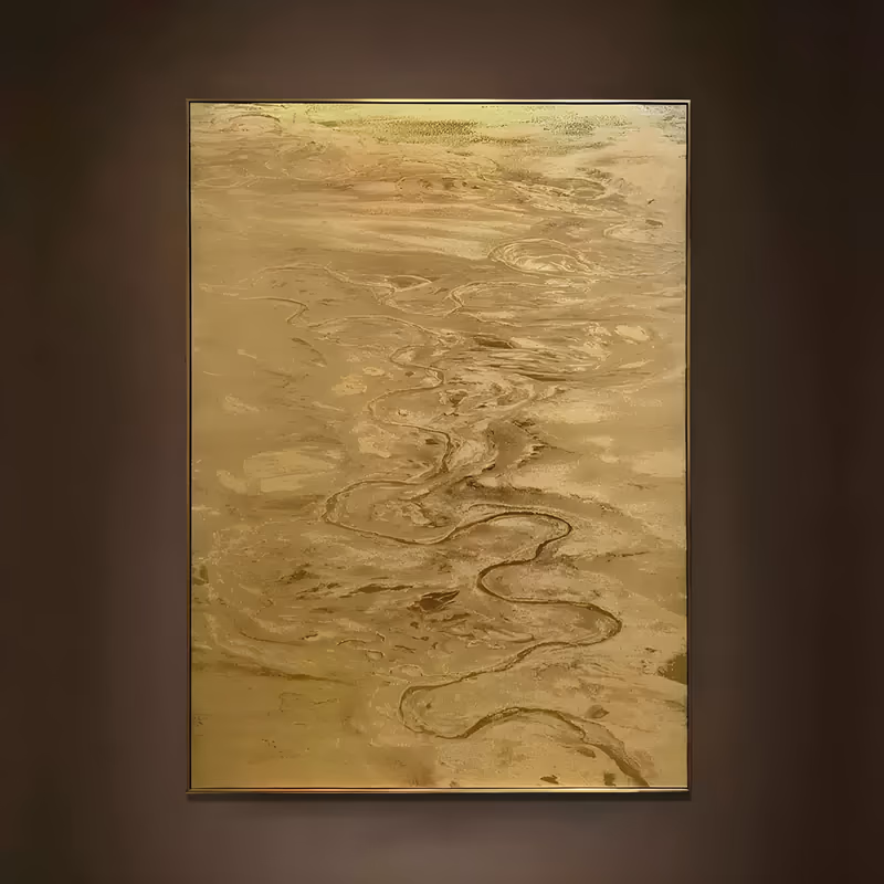 a large vertical abstract painting of a winding river channel cutting through a flat gold and ochre plain, seen from above, with pale sand-colored eddies at the edges, in thick textured acrylic
