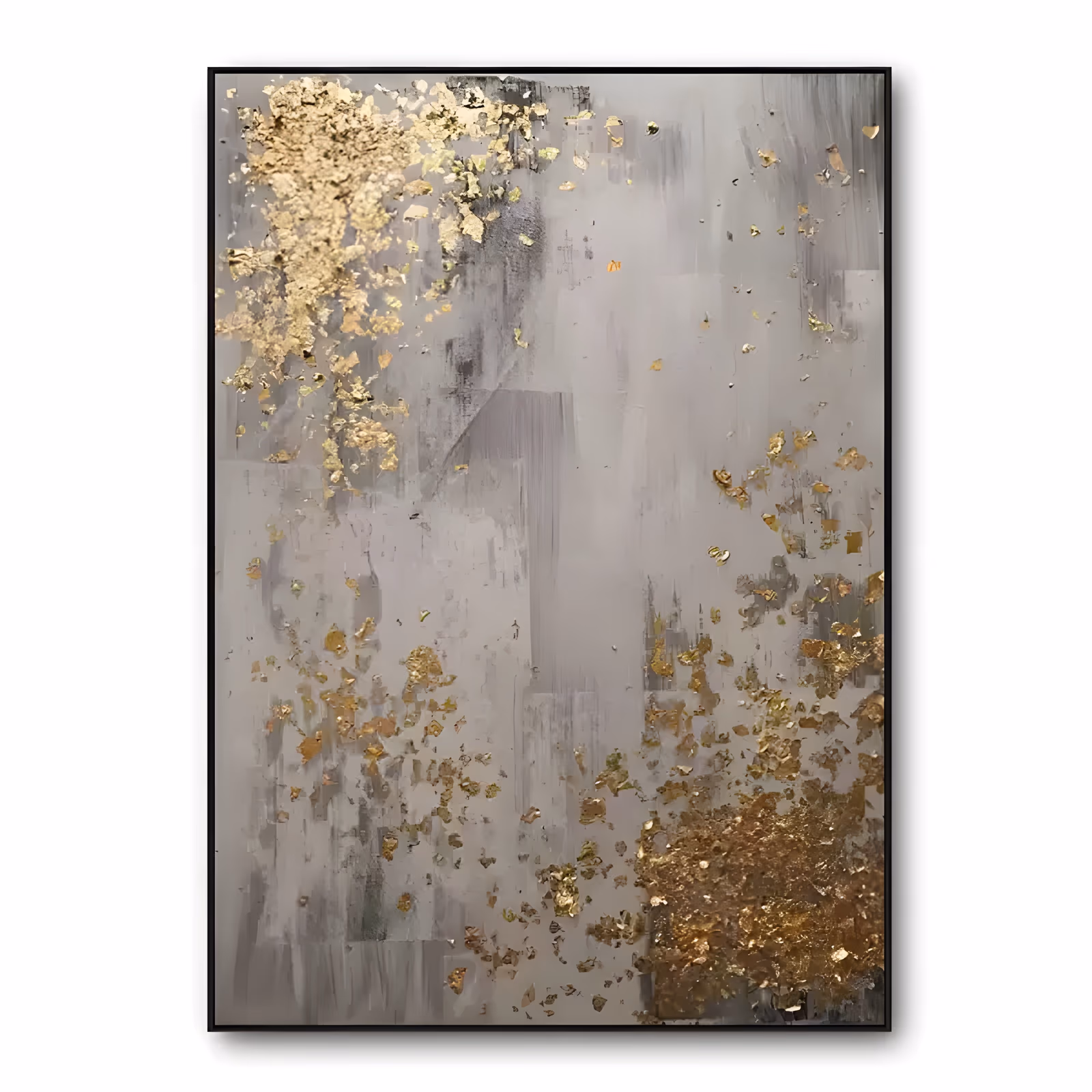 a large vertical abstract painting of a soft gray and taupe wash with clusters of gold leaf flakes drifting from the upper left corner down to the lower right, in thin brushed acrylic and applied metal leaf